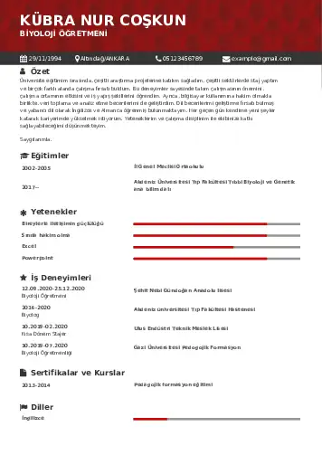 Biyoloji Öğretmeni CV Örnekleri cv indir